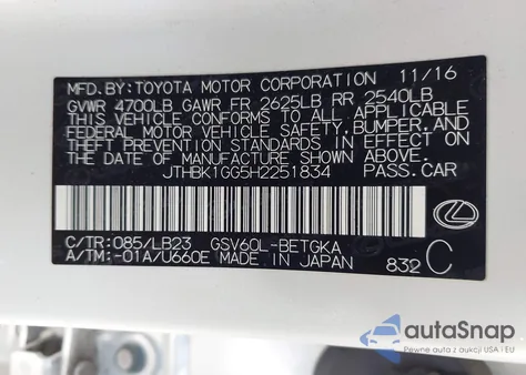 2017 Lexus Es 350 z USA, uszkodzony, nr VIN JTHBK1GG5H2251834